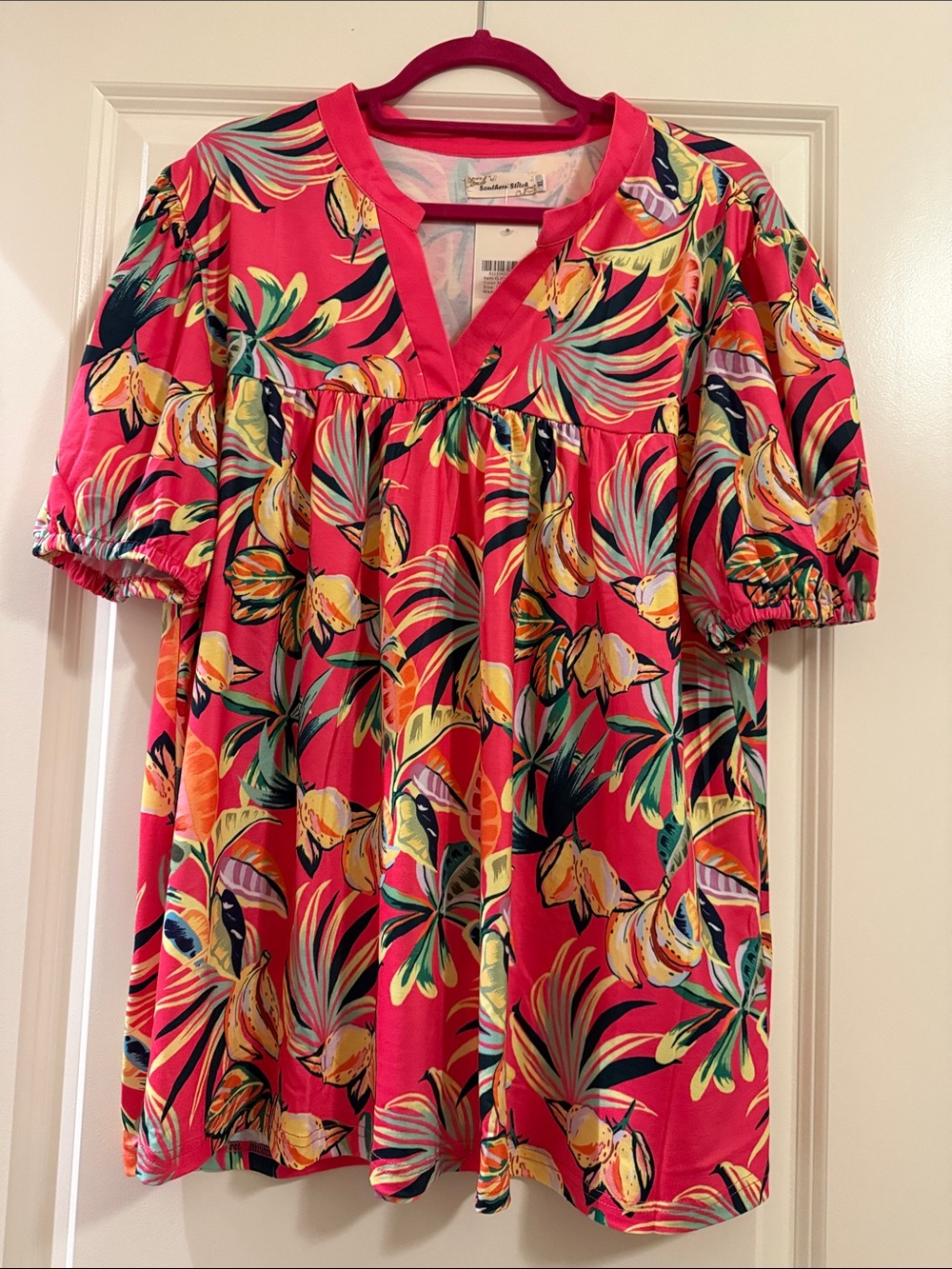 Southern Stitch Tropical Pink Floral Babydoll Tunic - Yellow & Green Accents